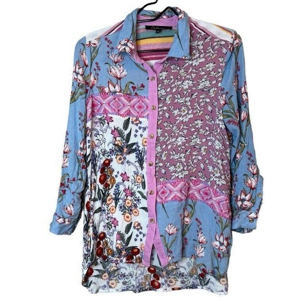 Calessa Size Medium Abstract Patchwork Long Sleeve Gold Button Up Top Artsy